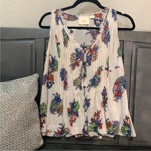 Maeve White and Blue Pleated Sleeveless Tank Top